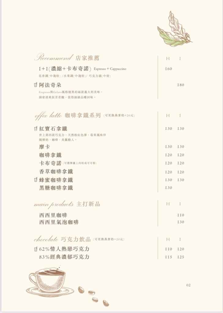 feeling 18 coffee菜單